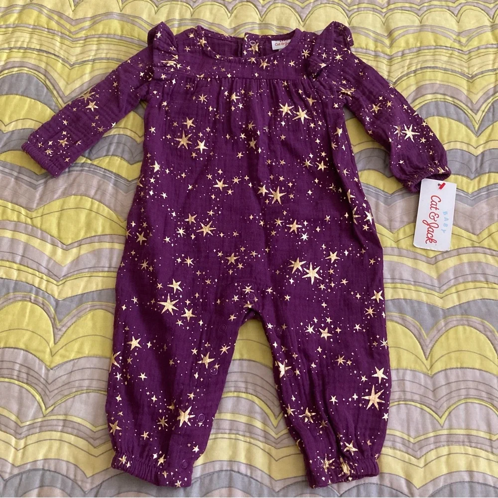 Cat & Jack Purple Romper with Gold Stars